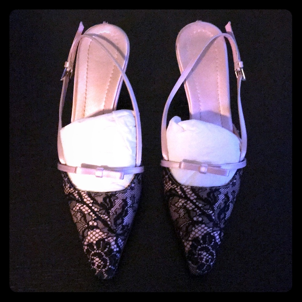 Pointed Slingback Lace Pumps in Black and Nude